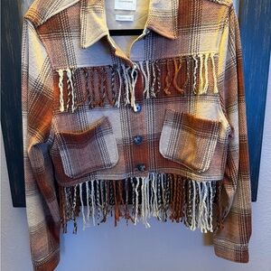 7 Diamonds Plaid Fringe Jean Jacket in Brown and Cream